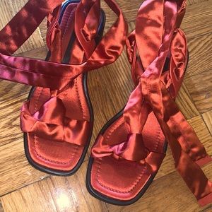 ZARA Silk Tie Burnt Orange Low Heel Sandals